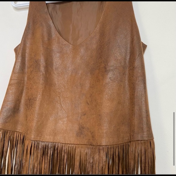 Mango Sueded Fringe Tank Top Sleveless V-Neck Vegan Brown Distressed Hippie Boho - Picture 6 of 9